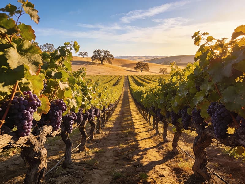 Old-vine Zinfandel grapes in Lodi wine country vineyards with grapevines ready for harvest