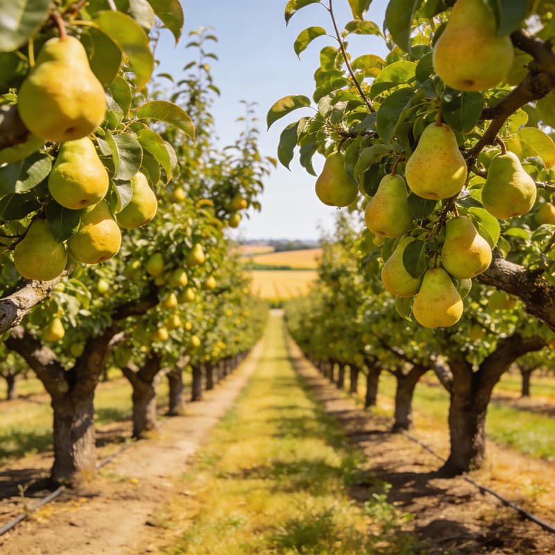Historic Bartlett pear orchard in Walnut Grove Delta farmland with mature fruit trees