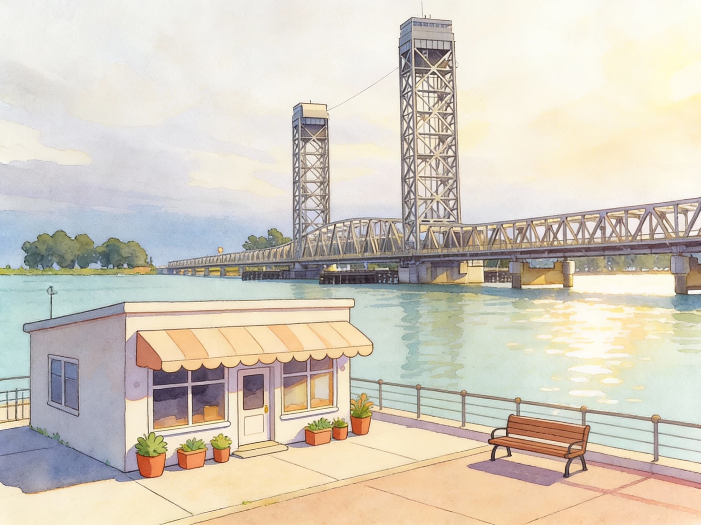 Sacramento River Delta business location with waterfront view